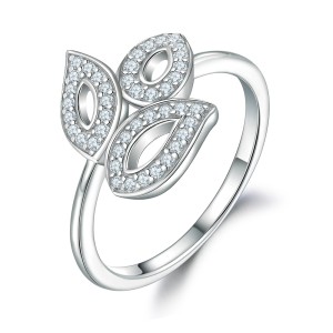 Leaf and tree micro inlaid zircon ring female wedding ring pure silver female ring